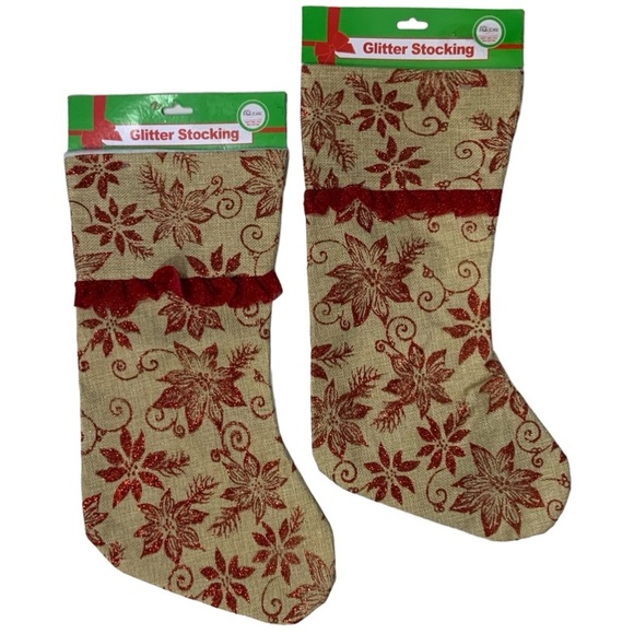 Simply Holiday Christmas Stockings Burlap Glitter Poinsettia Print Ruffle 2 PC - Picture 16 of 16